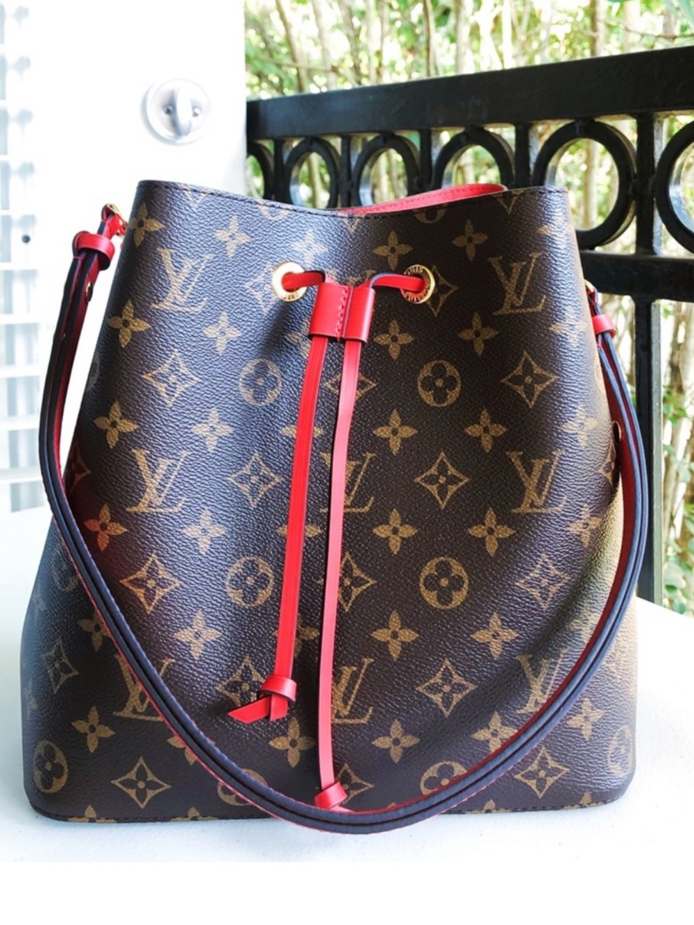 Louis Vuitton Brown Monogram Canvas Bucket Bag with Red Trim and Strap